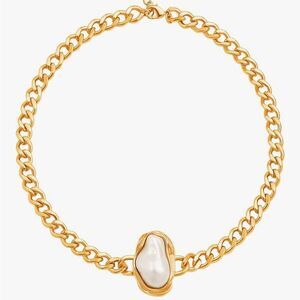 18K Gold Cuban Link Choker Necklace Baroque Pearl Pendant 8MM Chunky 15-17” Lux